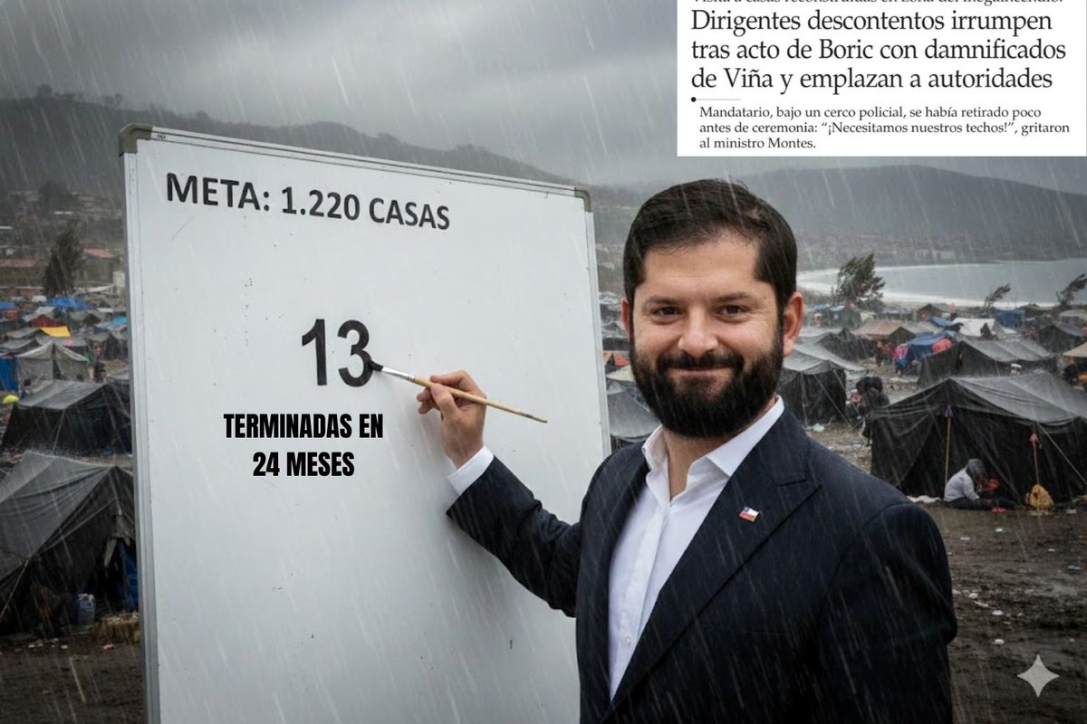 Y asi es como Boric avanza con la reconstrucción de las viviendas, de 1220 casas que hay que construir, solo se han construido 13 en dos años, mientras miles de familias siguen esperando por un techo.