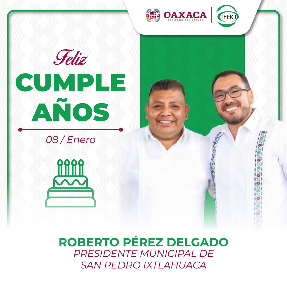 IEBOax's tweet photo. 🎉🏛️Desde el Instituto de Estudios de Bachillerato del Estado de Oaxaca (IEBO) enviamos una cordial felicitación al Presidente Municipal de San Pedro Ixtlahuaca con motivo de su cumpleaños, deseándole salud, bienestar y éxito en su labor al frente del municipio. https://t.co/dycoyYfLga