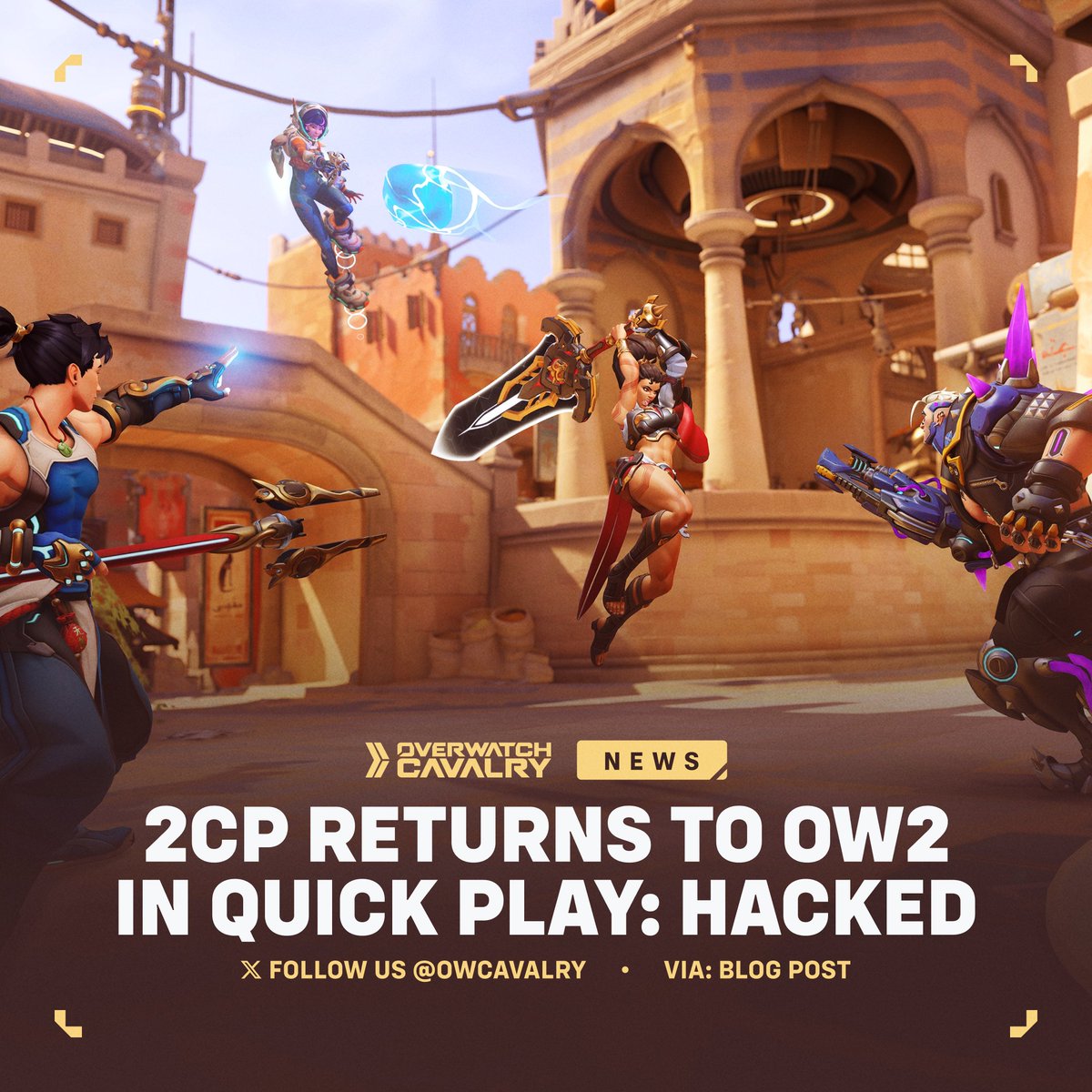 OWCavalry's tweet photo. 2CP (Assault) Returns to #Overwatch2 📍

Temple of Anubis, Hanamura, and Volskaya Industries will be available in Quick Play: Hacked as the team tests the map type with modern pacing and all the new heroes.

🗓️ Available: Jan 08 - Jan 11 https://t.co/DHr4075aab