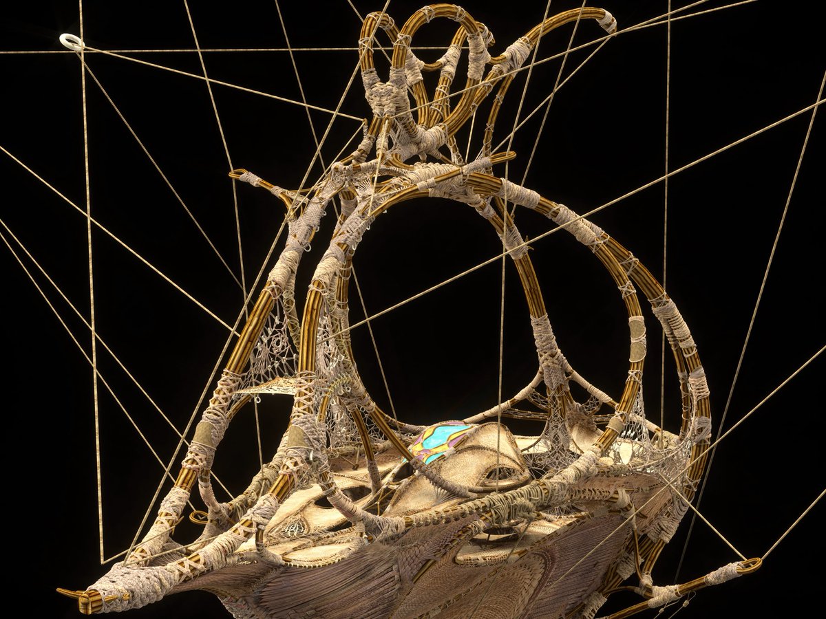 These are the final approved images of the Windtraders Gondola from Avatar: Fire &amp; Ash. The first is a design image done as a key frame exploring the Tlalim clan’s dressing of one of their ships. Being wide ranging travelers &amp; traders, the items they use to decorate the ship are