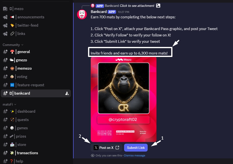 RaftCrypto's tweet photo. 🪂 $0 Investment Airdrop | Backed by Pantera (Limited Time)
• $26M funded by Pantera, Multicoin, and other top VCs
• Takes only 5 minutes
• Earn up to 7,000 MATS

I’m talking about Mezo  a Bitcoin finance app that lets you use Bitcoin without selling it. They’ve launched the Mezo Bank Card, where you complete simple social tasks and earn up to 7,000 MATS, which may be converted into tokens in the future.

🔹 How to Participate

1️⃣ Join Discord → Verify → Click on “Bank Card”
👉 https://t.co/mjlzr52fmN
2️⃣ Generate your Mezo Card, post it on X (Twitter), and submit the tweet link in the Discord server
→ Earn MATS
3️⃣ Follow their X account and verify
→ Earn more MATS
4️⃣ Referral Bonus:
• Earn 50 MATS per referral
• Use /points to track your invites and MATS in the Mezo server
💬 Drop your referral link in the comments and help each other out!