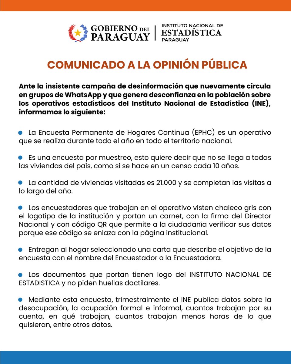 INE_Paraguay's tweet photo. 🎙️🔎Comunicado del INE para conocimiento de la ciudadanía en general:
#DamosValorPublicoalDato
#GobiernodelParaguay https://t.co/qE83s3bvFk