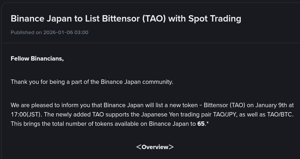 🚨👀 BIG NEWS FOR $TAO  

Binance Japan lists Bittensor today at 17:00 JST.  

Japan 💴 one of the most regulated major markets, just opened the door to decentralized machine intelligence.  

TAO/JPY + TAO/BTC spot pairs live.  
Zero maker fees on TAO/JPY for the next 30 days.