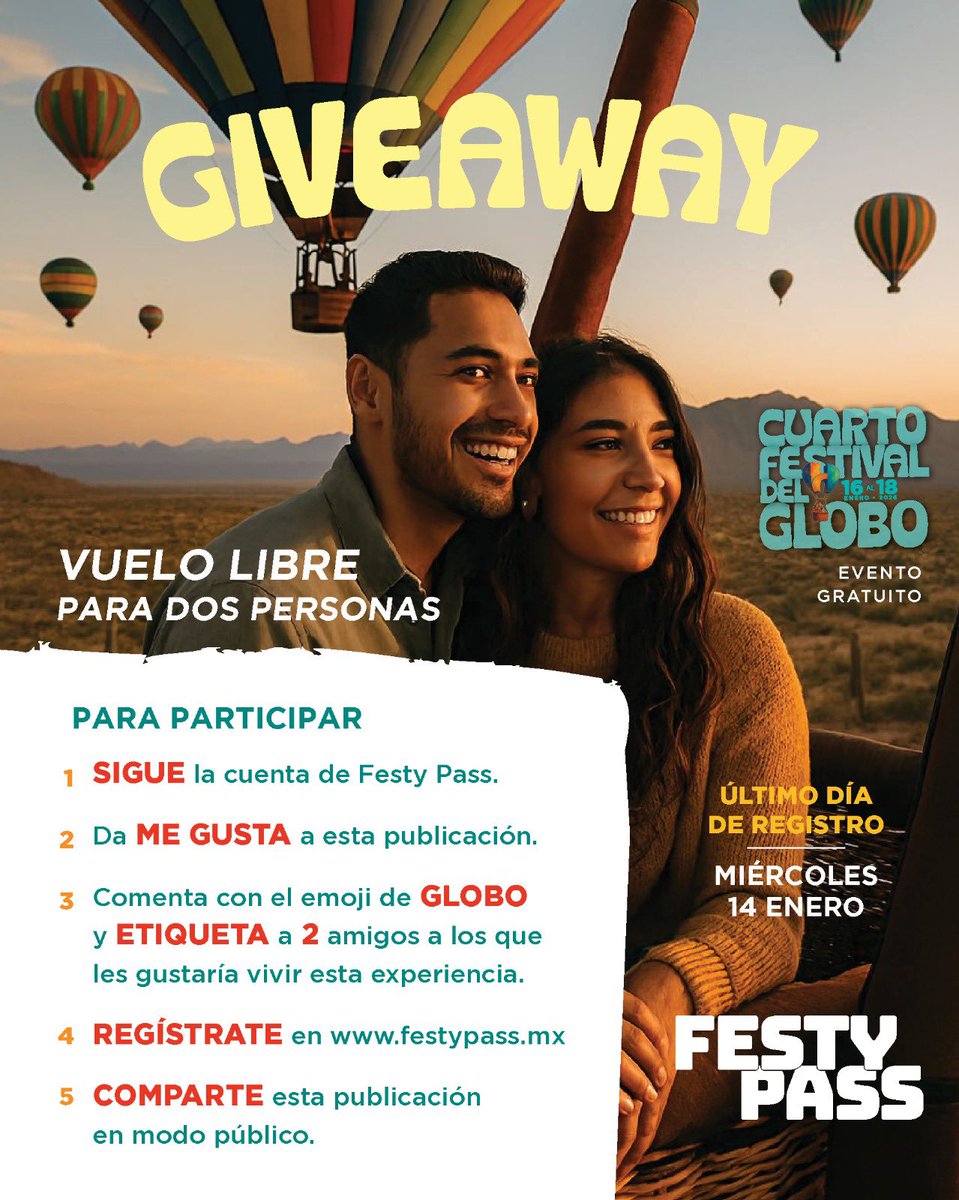 ✌️ ¡Hola FestyPassers!

✨Les invitamos  a vivir en todo su esplendor el cielo de La H. Participa en nuestro giveaway de un vuelo libre en globo aerostático en EcoNatura.✨

Regístrate en:
q.me-qr.com/gsyxa7i4 
🗓️ Tienes hasta el 14 de enero para participar.
#FestyPassGiveaway