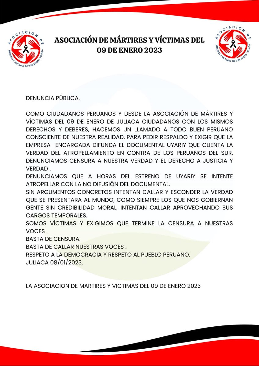 Mataperrea's tweet image. 🚨#ATENCIÓN | La Asociación de Mártires y víctimas del 09 de enero de 2023 emite un comunicado rechazando la censura de @cineplanet contra la película Uyariy que documenta la masacre del 2023 perpetrada por la dictadura de Dina Boluarte.