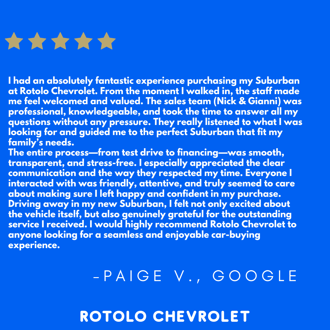 RotoloChevyCa's tweet image. Thank you for your wonderful review, Paige! We’re thrilled you had a fantastic experience purchasing your Suburban at Rotolo Chevrolet. Nick and Gianni provided attentive service, and we’re glad the process was smooth. Enjoy your new Suburban!