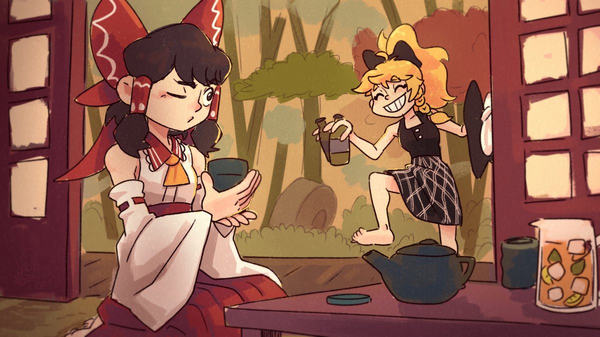 manganantaart's tweet image. "Rei Rei~ I came back to hang out!" 
"Don't you have a home or what? Anyway, I made cold drink in case you dropped by"

Old sketch 😊😊
#touhou #reimu #marisa