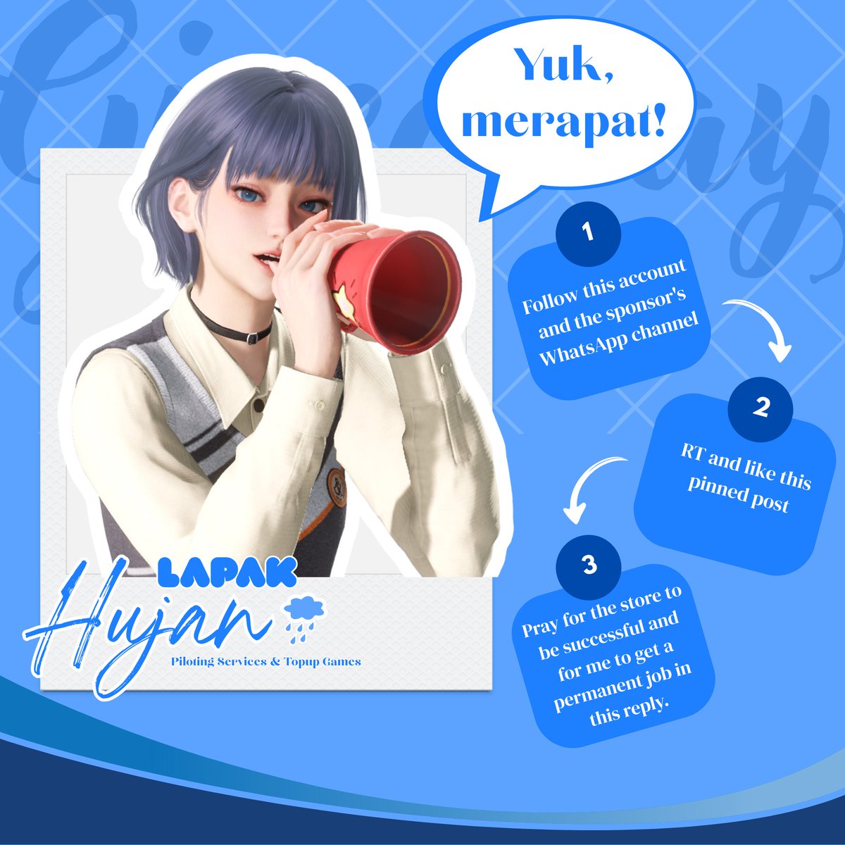 HujanRinai_'s tweet image. ‧₊˚✧[Rain's Giveaway Time]✧˚₊‧

Selamat malam, Rainies! Saya datang membawa kabar gembira untuk kita semua~

Giveaway dari Kak @HujanRinai_  dalam rangka merayakan 300+ pelanggan joki dan topup dalam waktu yang sangat singkat (± 3 bulan).