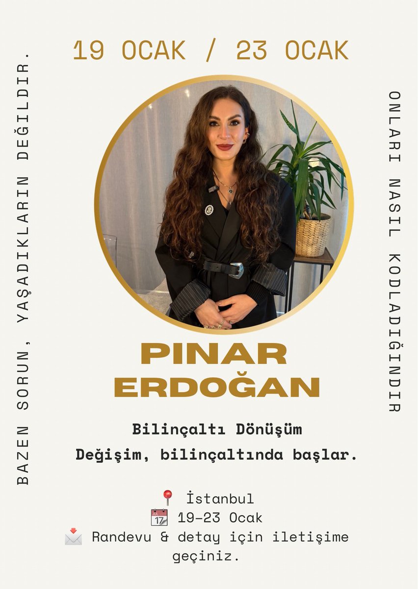 Değişim, bilinçaltında başlar.

Bazen sorun, yaşadıkların değildir.
Onları nasıl kodladığındır. 

19–23 Ocak tarihleri arasında İstanbul’da,
bu otomatik kalıpları fark etmek, yeniden yapılandırmak ve
zihinsel–duygusal regülasyonu desteklemek amacıyla
bireysel bilinçaltı dönüşüm