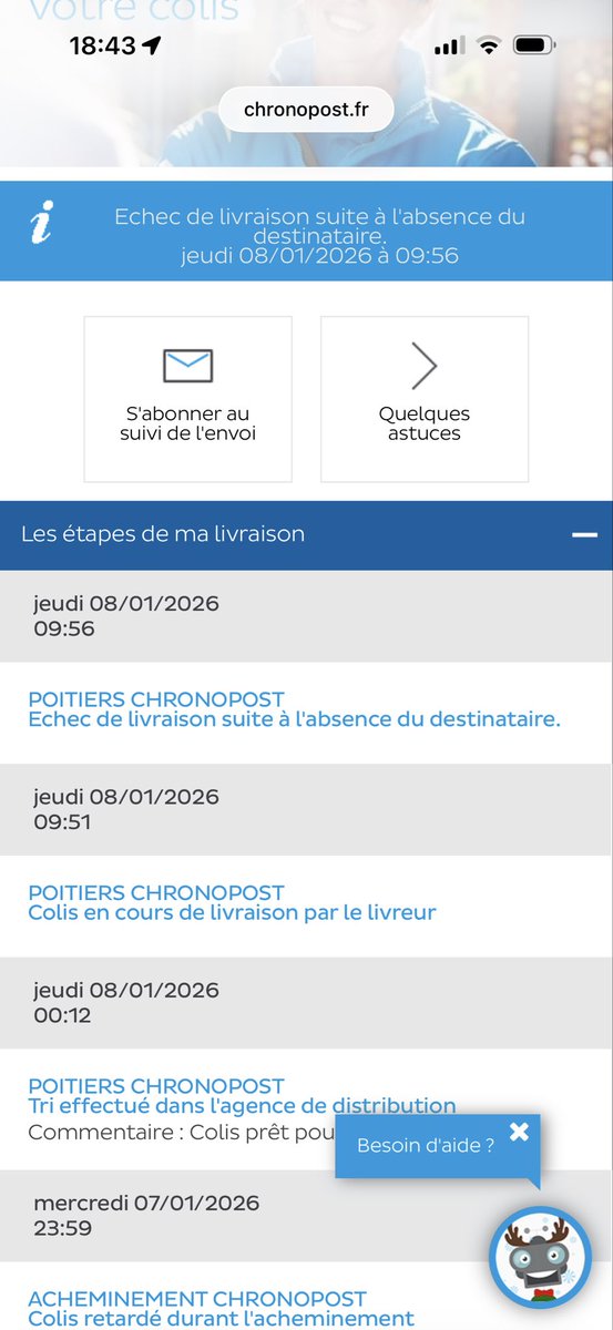 Trop fort <a href="/Chronopost/">Chronopost</a>! Le colis part en livraison à 9h51 et 5 min plus tard je suis soit disant absent 🤔 votre livreur fait 35 min en 5 min!
