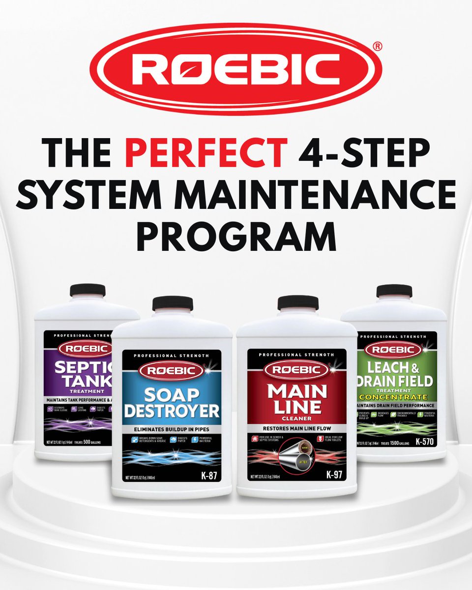 Keep your septic system healthy year-round with Roebic’s Complete Septic System Maintenance Program. 
1️⃣ K-37 Septic Tank Treatment 
2️⃣ K-570 Leach &amp; Drain Field Treatment
3️⃣ K-87 Soap Destroyer 
4️⃣ K-97 Main Line Cleaner
roebic.com/system-mainten…