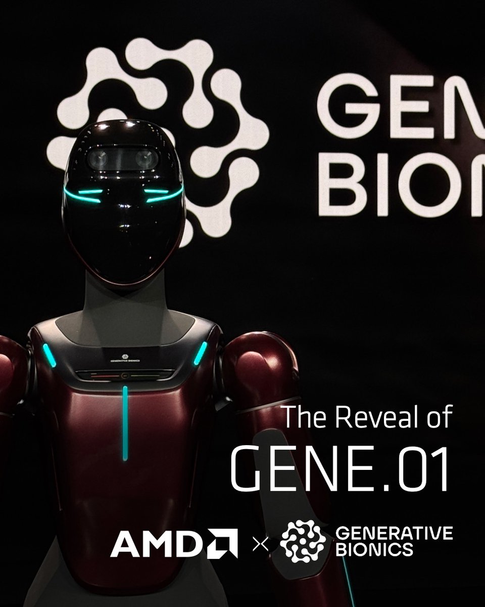 AMD's tweet photo. At #CES2026, AMD revealed humanoid robot GENE.01 in collaboration with Generative Bionics (@G_Bionics). Thank you Daniele Pucci for joining @LisaSu during the Keynote! https://t.co/3DG8eKCGVz