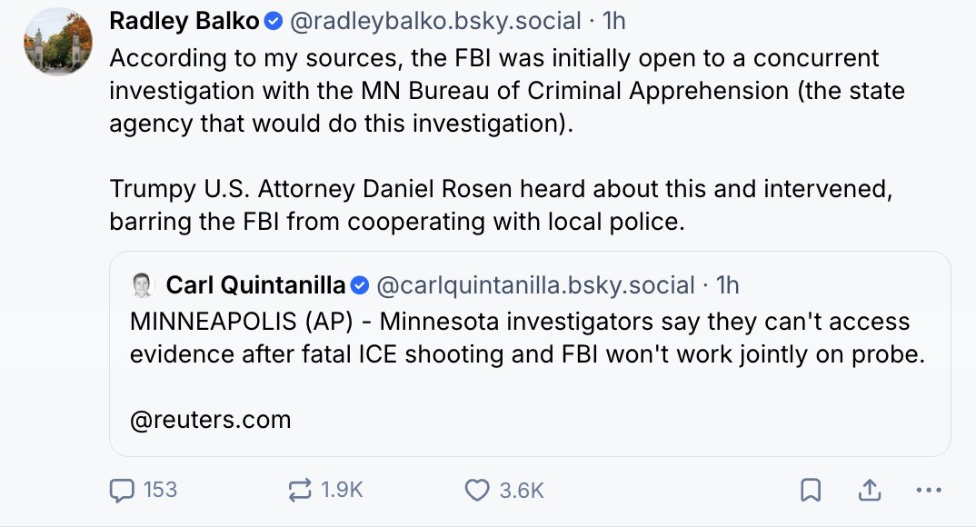 capitolhunters's tweet image. Or go it alone: Minnesota can just indict the shooter based on public video, and demand information from DHS based on that indictment. Then take the issue to federal court if DHS refuses. 

Radley Balko reports on Bsky that it is Pam Bondi's DOJ that has cut off cooperation.