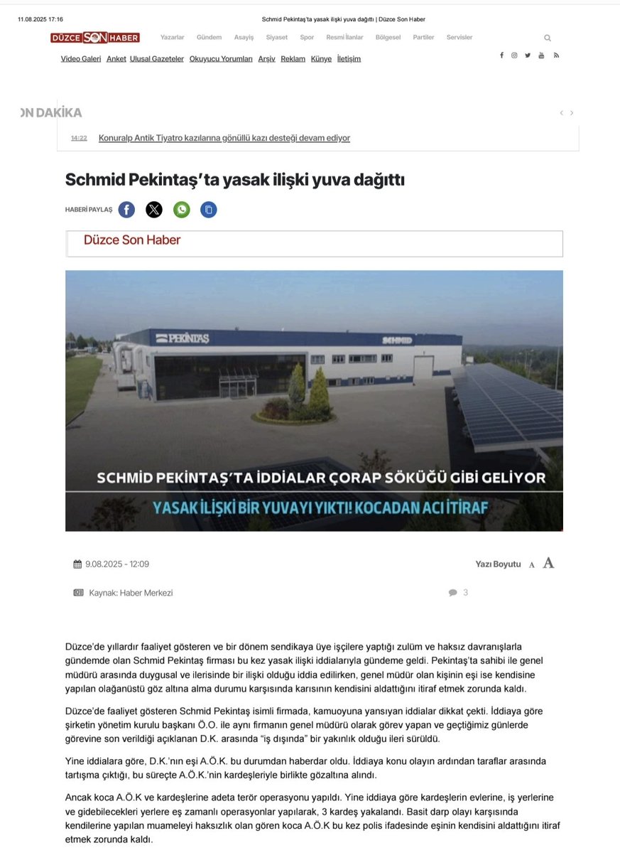 Pardonhaber's tweet image. Düzce’de bulunan Pekintaş Holding Yönetim Kurulu Başkanı Özhan Olcay’ın, şirketinde genel müdür olarak çalışan evli bir kadınla ilişki yaşadığı iddia edildi.

Kadının eşinin durumu öğrenip boşanma davası açması sonrasında, şüpheli bir şekilde gözaltına aldırıldığı ve yerel…