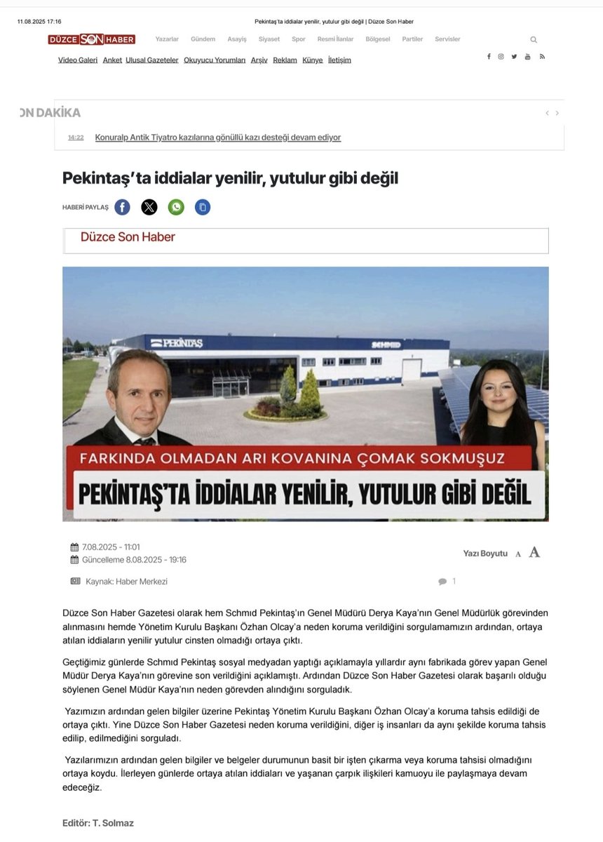 Pardonhaber's tweet image. Düzce’de bulunan Pekintaş Holding Yönetim Kurulu Başkanı Özhan Olcay’ın, şirketinde genel müdür olarak çalışan evli bir kadınla ilişki yaşadığı iddia edildi.

Kadının eşinin durumu öğrenip boşanma davası açması sonrasında, şüpheli bir şekilde gözaltına aldırıldığı ve yerel…