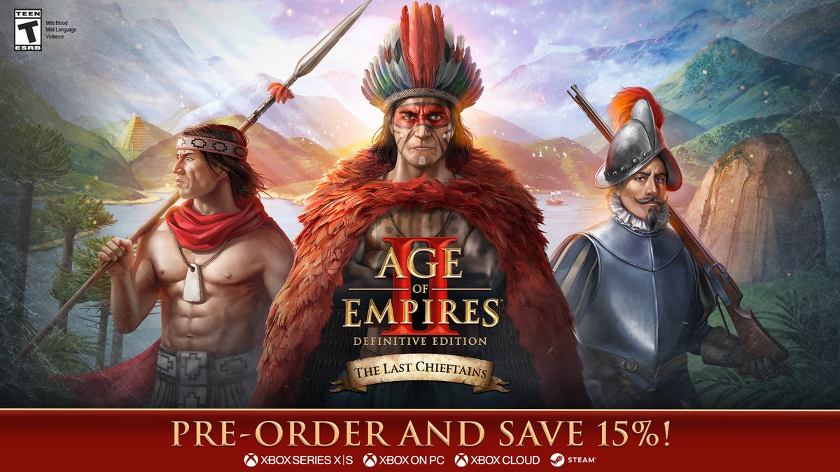 AgeOfEmpires's tweet image. History and folklore combine across medieval South America in #AoEIIDE - The Last Chieftains, coming February 17th!

This DLC introduces three new civs, each with their own unique units and technologies: Mapuche, Muisca, and Tupi.

Pre-order to save 15%: aoe.ms/PreOrderTheLas…
