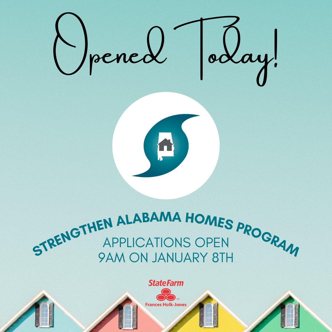 StateFarmFHJ's tweet photo. Applications for the Strengthen Alabama Homes program open today and are available on a first come, first serve basis.

This grant program helps eligible Alabama homeowners offset the cost of making their homes stronger and more storm resilient.

Visit https://t.co/98gmKw42Qh https://t.co/EWU5Z5XerK