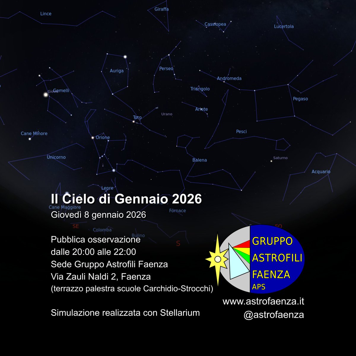 Stasera,giovedì 8 gennaio,alle 20,ci troviamo in Via Zauli Naldi 2 a #Faenza per osservare #Saturno,#Giove,la #Galassia di #Andromeda,le #Pleiadi,la #Nebulosa di #Orione ed altre meraviglie con telescopi e binocoli

Ingresso libero e #gratis, non mancare!
mobilizon.it/events/cfa290c…