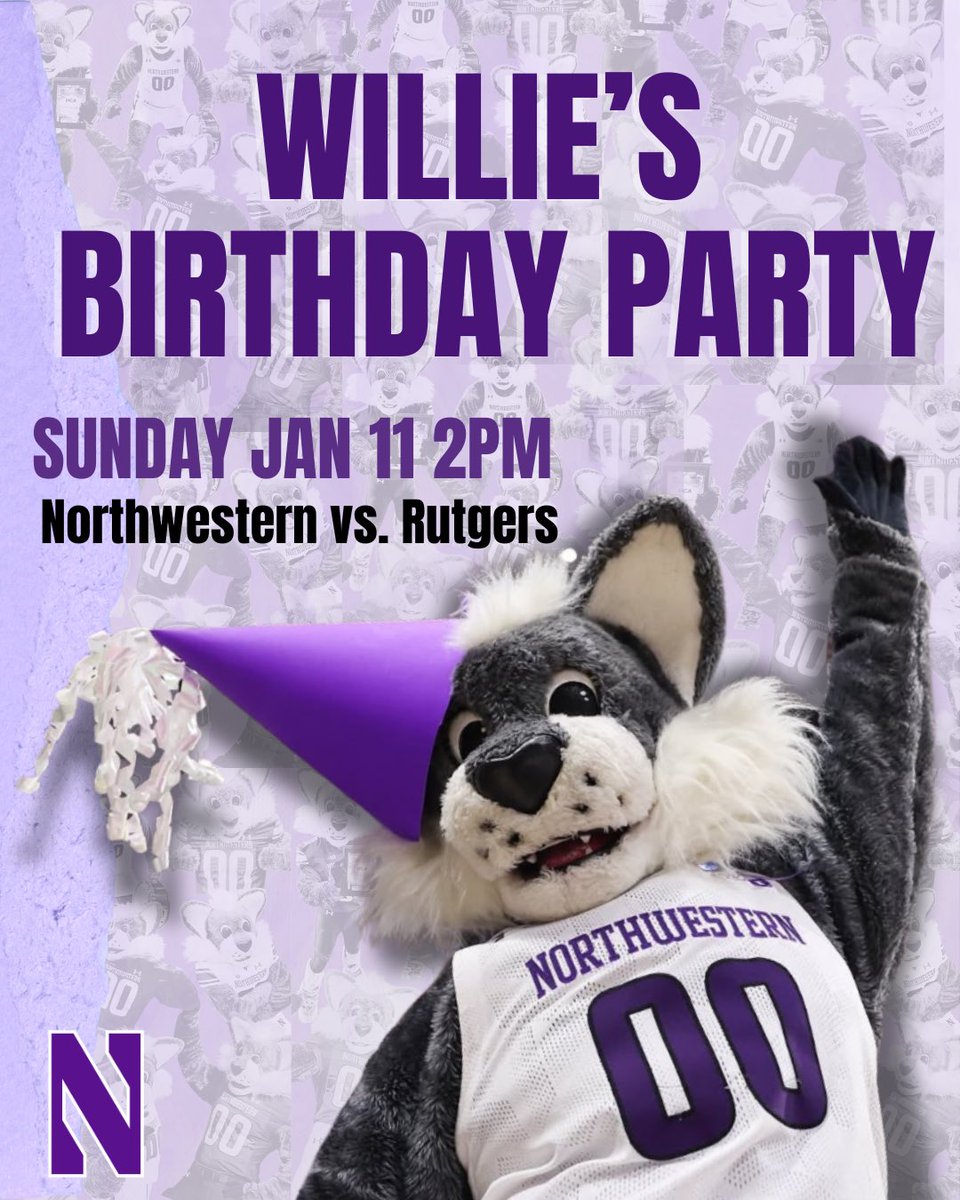 WillieWildcatNU's tweet image. It’s about to be a full Wildcat party this Sunday!🎉 

📍 Welsh-Ryan Arena
🗓️ Sunday, January 11, 2026
⏰ 2:00 PM
🏀 Women’s Basketball vs. Rutgers

#WillieTheWildcat #Northwestern #Mascot #birthdaybash