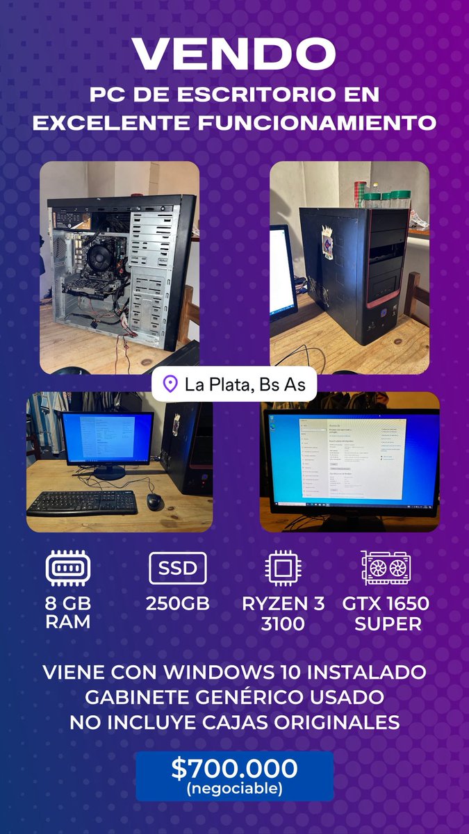 📍LA PLATA, BS AS. 

VENDO PC!!!! si necesitas diseñar, editar o jugar a los jueguitos, esta compu te va a re servir!!!! 

Compren que tengo que financiar mi mudanza!!! Denle RT.