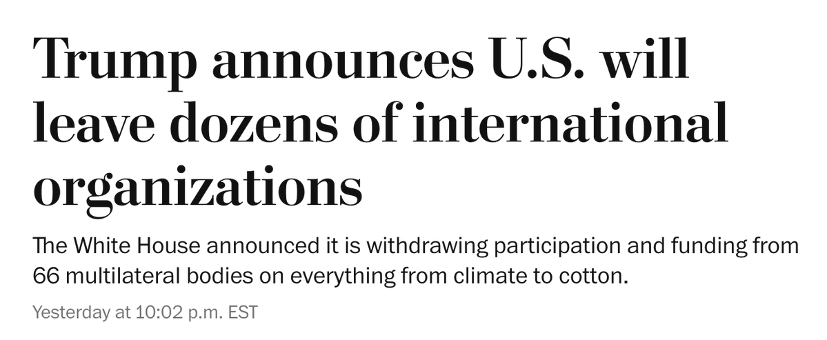 There's no question that many international institutions are no longer working as intended, or long past time for updating.

However, withdrawing from them en masse eliminates our ability to reform them, and cedes ground to competitors like China that will use this opportunity to
