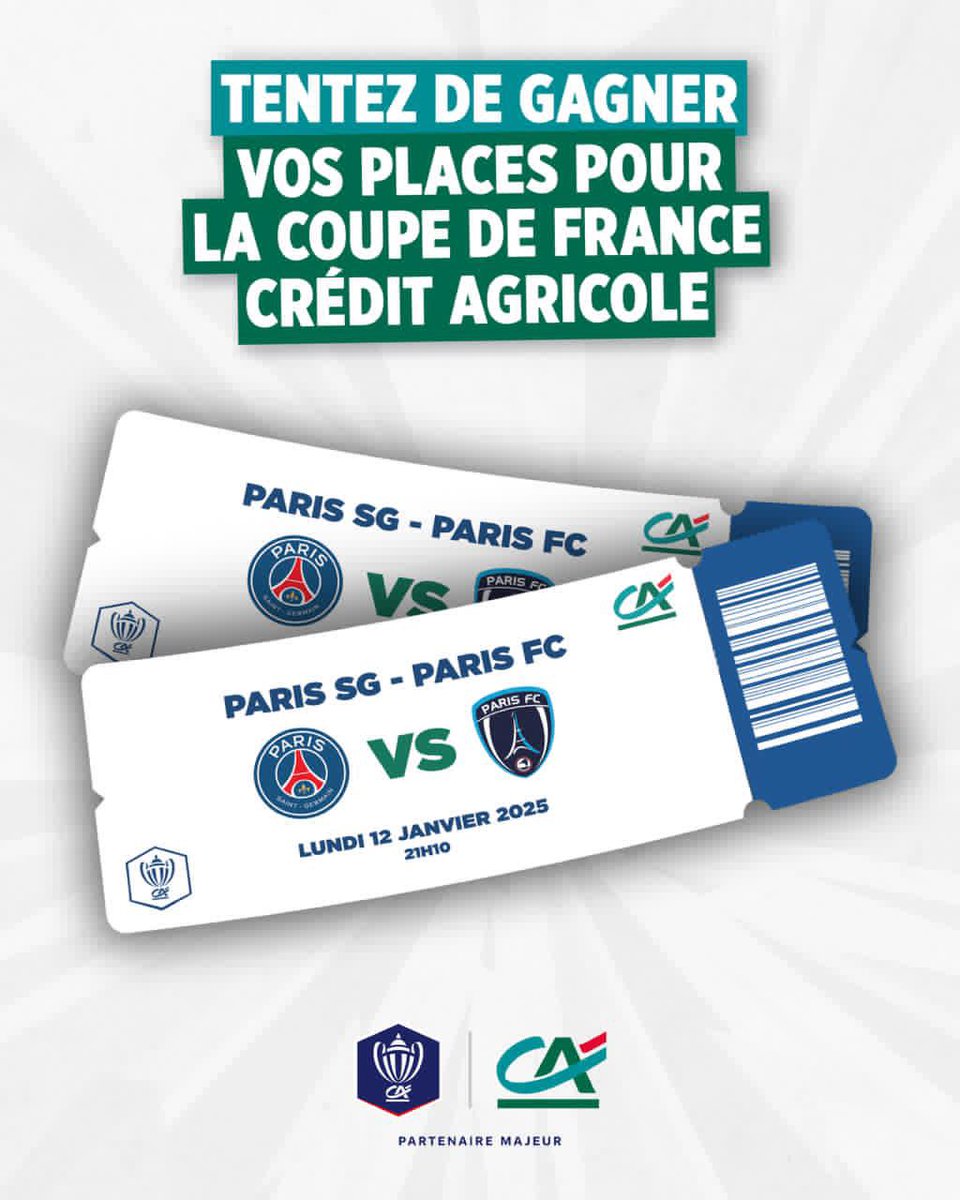 tousuncotefoot's tweet image. 🎁 𝟮 𝗣𝗟𝗔𝗖𝗘𝗦 𝗣𝗢𝗨𝗥 𝗟𝗔 𝗖𝗢𝗨𝗣𝗘 𝗗𝗘 𝗙𝗥𝗔𝗡𝗖𝗘 𝗖𝗥𝗘́𝗗𝗜𝗧 𝗔𝗚𝗥𝗜𝗖𝗢𝗟𝗘 𝗔̀ 𝗚𝗔𝗚𝗡𝗘𝗥 ! 🏆🇫🇷

PARIS SG 🆚 PARIS FC

Pour tenter ta chance :
👉 Abonne toi à @tousuncotefoot 
🔁 Repost

🍀 Tirage au sort dimanche 11 janvier.

(Places catégorie 2)