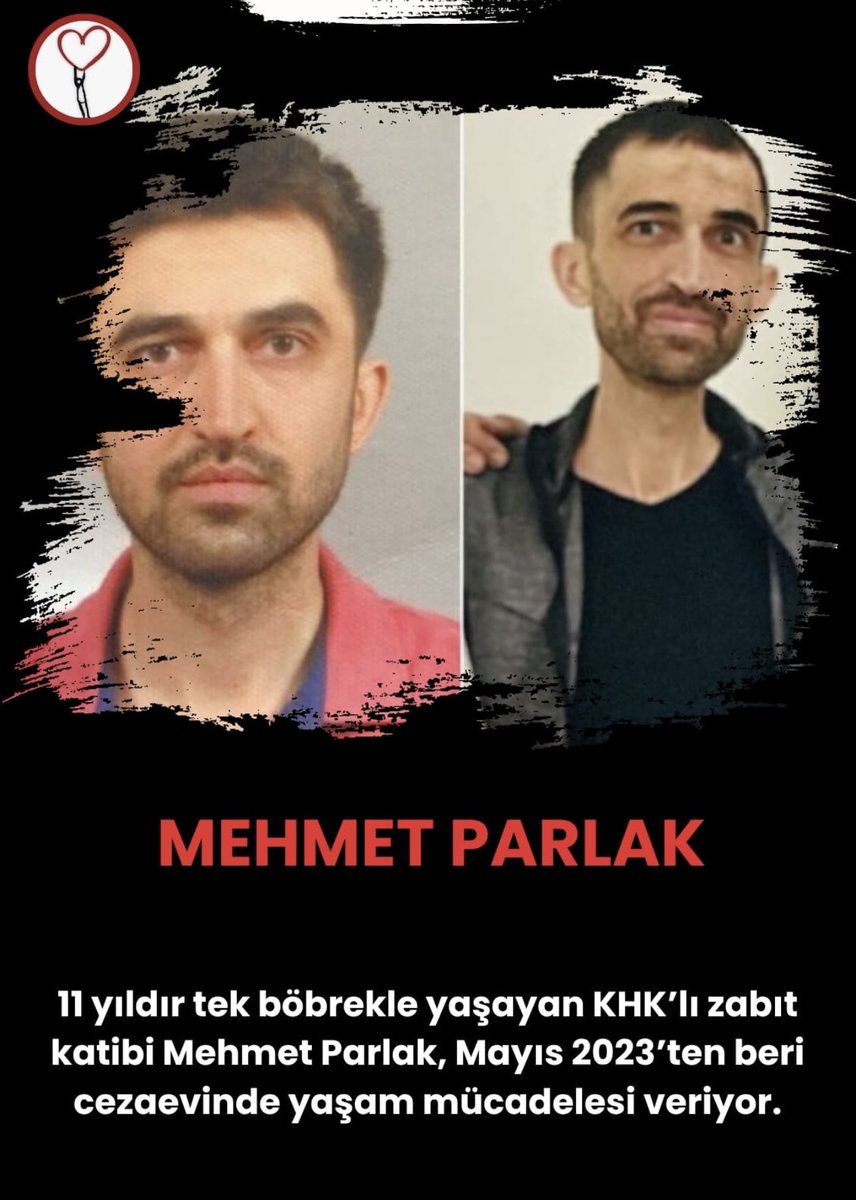 Tek böbreği %20 çalışan, KHK'lı zabıt katibi Mehmet Parlak 2022’den beri cezaevinde. Eşi:

"Düzenli yapılması gereken kontrolleri yapılmadığı, uzman doktora gidemediği için diyet yemek de alamadı. 10 ay içinde 62 kilodan 45 kiloya düştü."
#SONDAKİKA 
#MeclisKHKyıÇözmeli