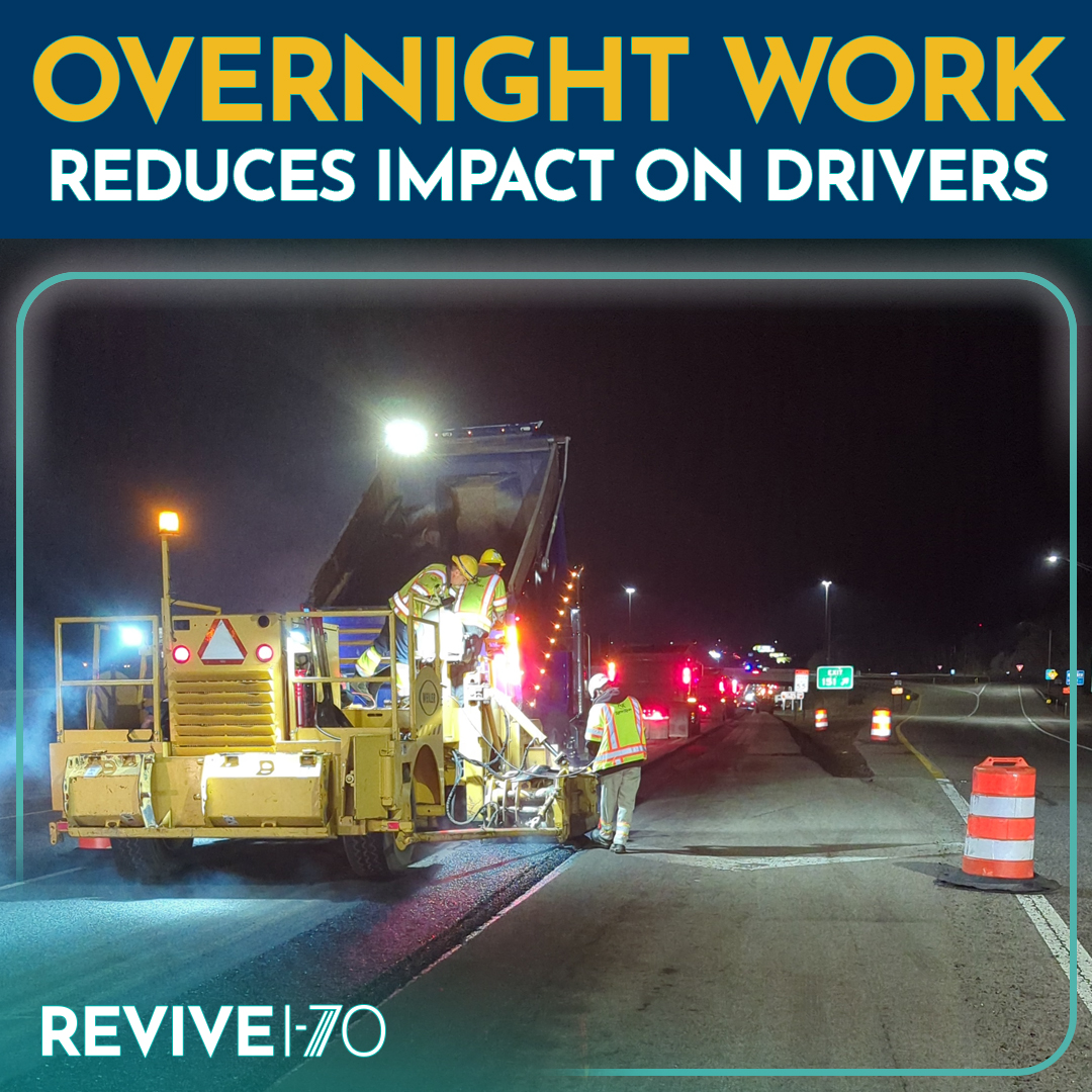 Overnight lane restrictions and phased ramp closures allow crews to complete work safer and faster with fewer impacts on drivers.

Thank you for your patience as crews work to improve I-70 and your commute.