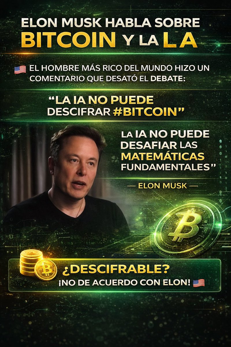 🇺🇸 Elon Musk sobre Bitcoin y la IA Durante una entrevista, el hombre más  rico del mundo, Elon Musk, afirmó que la Inteligencia Artificial no puede  “descifrar” Bitcoin, argumentando que la IA