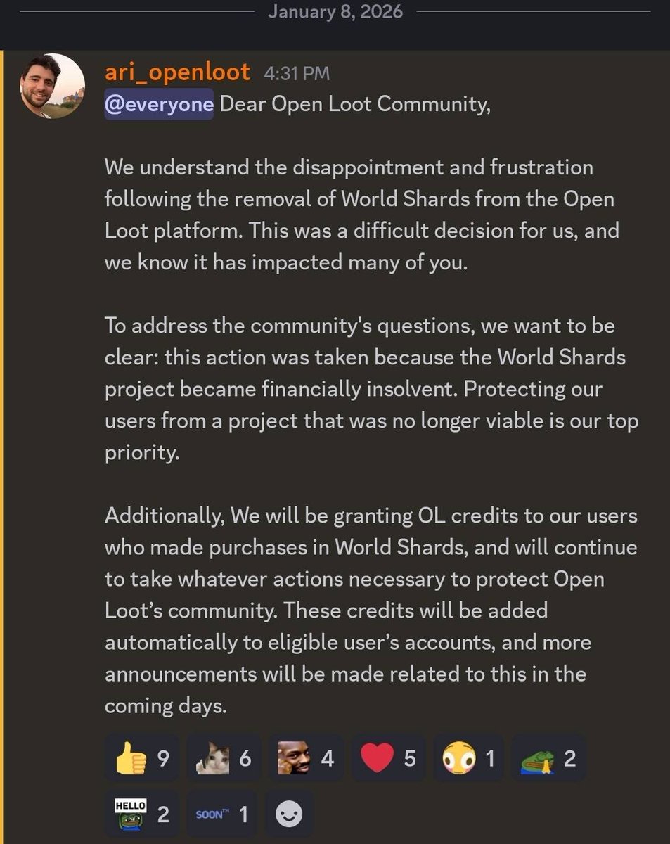 BByyCCee's tweet photo. Another shady ending to a collaboration. 
Another shady project was hyped and then dropped by @OpenLoot.

Ari from OpenLoot was likely a key figure in the project, at least according to the @Worldshards homepage.
So he should have seen what @andy_snowww, the CEO of Lowkick Studios (the developer of WS), and others were doing around the TGE — or at least warned the WS team that these TGE-related events would kill the game.

Everything went pretty smoothly until the TGE. 
Okay okay i know there were delays etc, but the economy worked back then.
I truly believed this project had real potential and i still think the same, until everything went down the drain.

When the team decided to bring Jane back and continue with the event where artifacts could be merged without any limitations, and implemented a new in-game currency — Chronites — which could be used to speed up the merging of artifacts and other NFTs…
Not to mention the Murrmic boxes, which were abused by many players, yet nothing was done about it, and so on.

There were red flags, and the number just increased after they started to fire CMs, devs etc.

And now, the team completly silent. No real announcements, or statements for months... the community left alone with their losses. Sad story of an almost great project.

Some clarification from Openloot or Worldshards would be great and appreciated.
Thanks in advance!