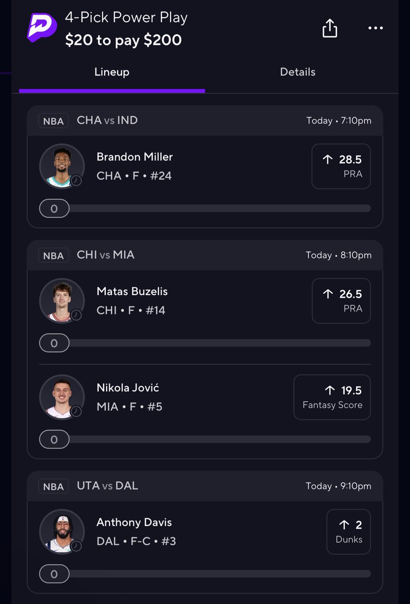 TheSpursFanSA's tweet photo. NBA POTD Record🔥🔥🔥 

For tonight via @PrizePicks and supported by @propsdotcash 

Brandon Miller o28.5 PRA vs IND
Matas Buzelis o26.5 PRA vs MIA
Nikola Jovic o19.5 Fantasy vs CHI
Anthony Davis o2 Dunks vs UTA 

#NBA #PrizePicks https://t.co/o38XIiqrRw
