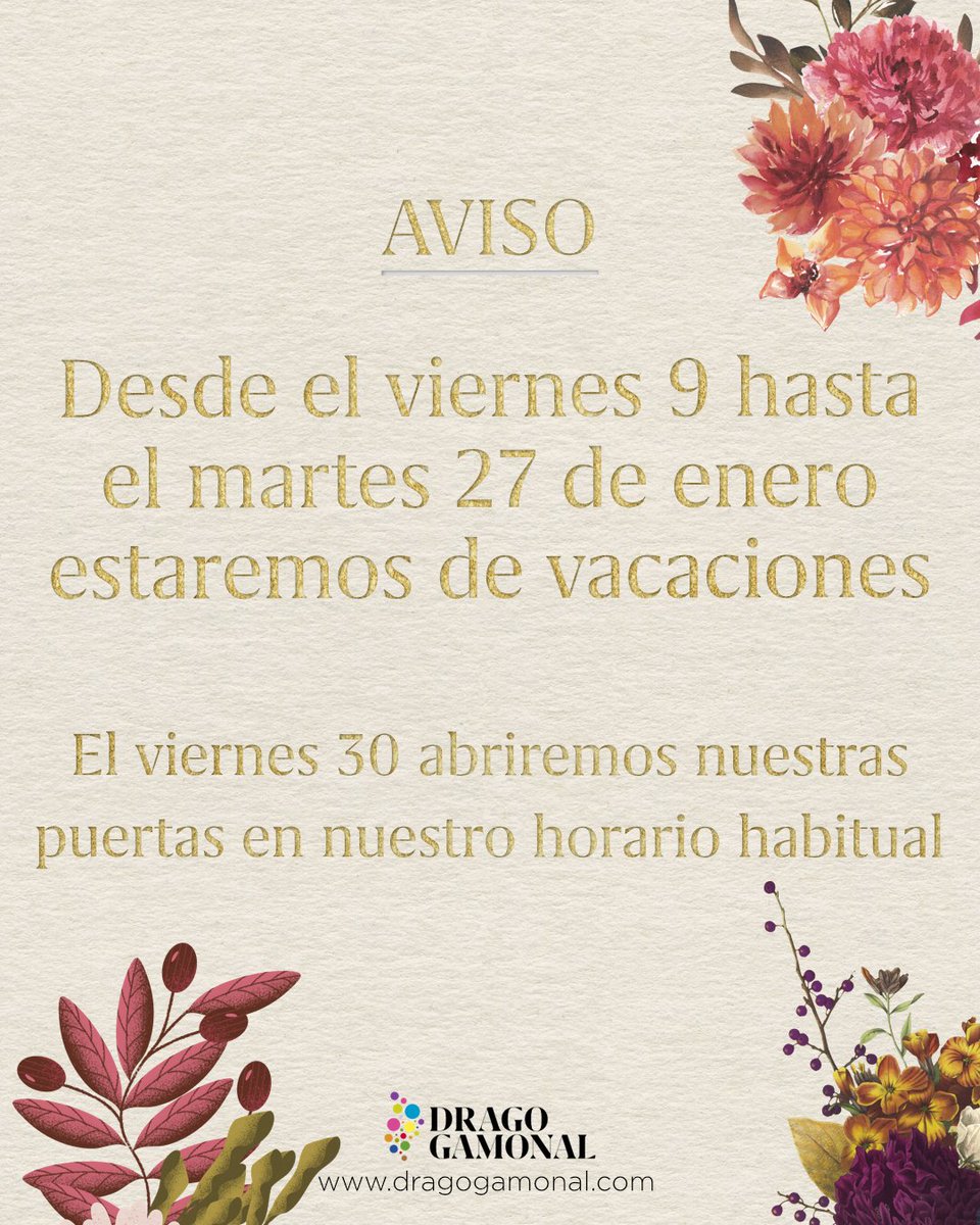 Como cada año nos tomaremos unas pequeñas vacaciones para recuperar fuerzas... 😇

ESTAREMOS DE VACACIONES DEL 9 AL 27 DE ENERO...

#vacacionesdeinvierno #DragoGamonal #gamonalcatering #MesónelDrago #PriscilaGamonal #CarlosGamonal #somosgamonal #Tenerife #cocinamostussueños