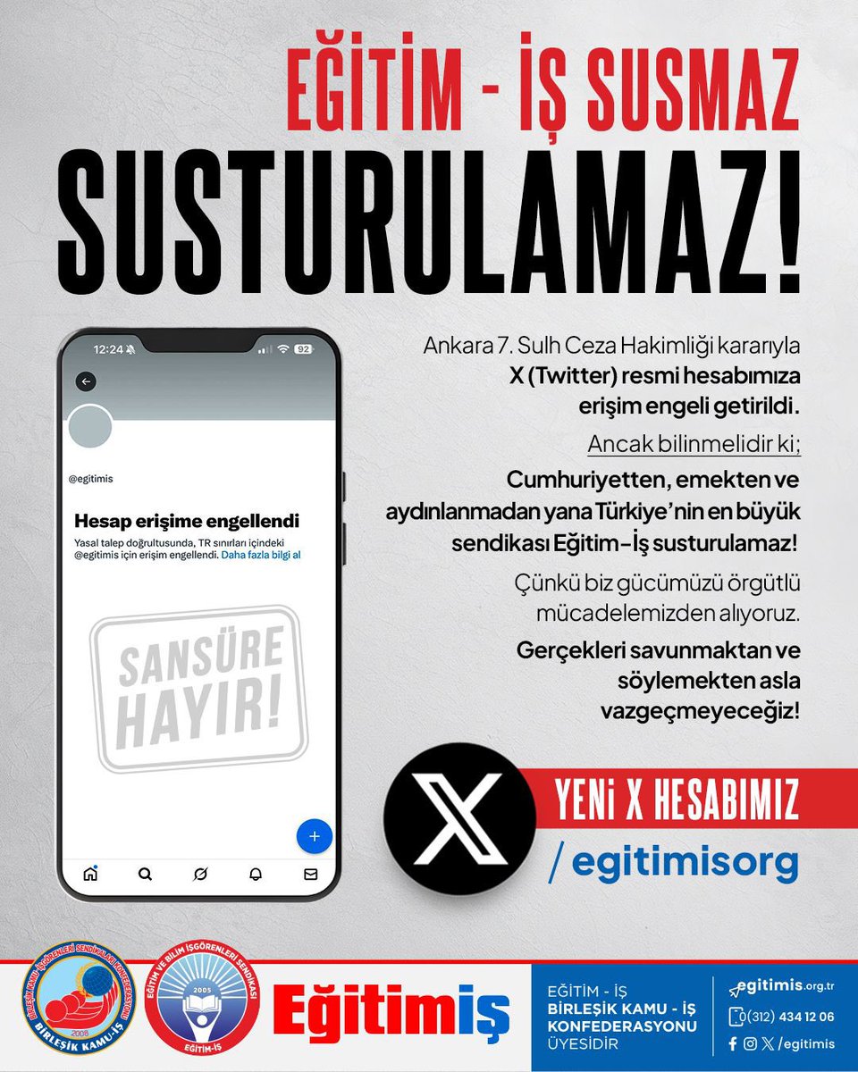 Sesimizi kısmaya çalışanlara eğitim çalışanları olarak bir ders verelim ve yeni adresimiz <a href="/egitimisorg/">Eğitim İş Genel Merkezi</a>'u takibe alalım. Daha fazla takipçi ile yeni hesabımızla sesimizi daha geniş kitlelere duyuralım. #EgitimisSusmayacak