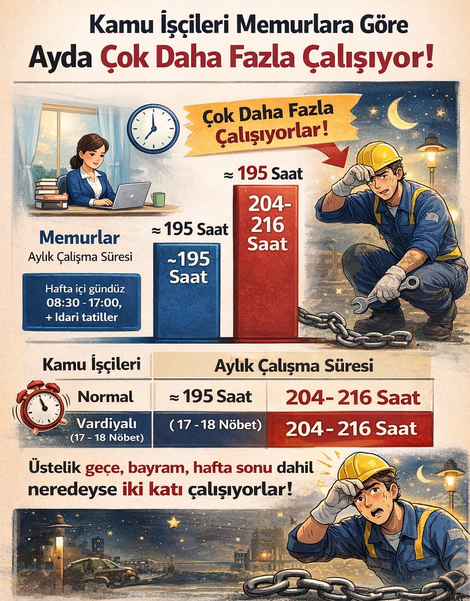 📊 RAKAMLARLA GERÇEKLER

🔹 Kamu işçisi: 45 saat/hafta → ≈195 saat/ay

🔹 Vardiyalı kamu işçisi: 17–18 nöbet × 12 saat → 204–216 saat/ay

🔸 Memur: ≈160 saat/ay

❗ Kamu işçisi memurdan ayda 30–50 saat daha fazla çalışıyor.
❗ Gece, hafta sonu, bayram dahil.

Bu fark