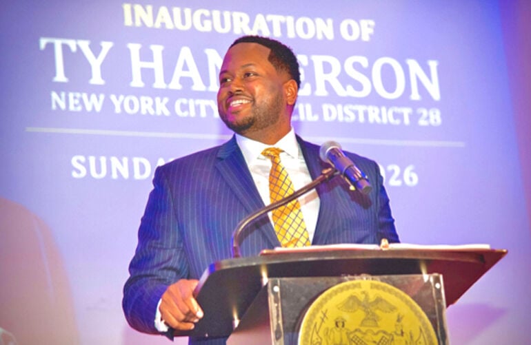 QueensChronicle's tweet photo. Ty Hankerson, the chief of staff of former City Council Speaker Adrienne Adams, was sworn in to replace her as the councilmember for District 28. One of his major goals in office is to hold city agencies accountable when they fail deliver on resources. https://t.co/IAb8xGUt92 https://t.co/muOEe9JJO5