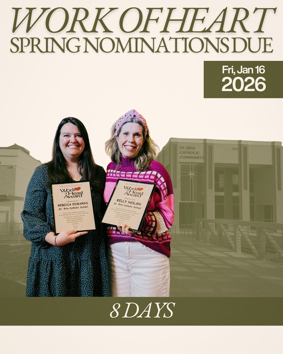 Work of Heart nominations for Spring 2026 are due in 8 days! Fri., Jan 16.

Any full-time employee at a Dallas-area Catholic school that you believe deserves recognition can be nominated!  

Work of Heart details and English or Spanish nomination forms: catholicfoundation.com/community-impa…