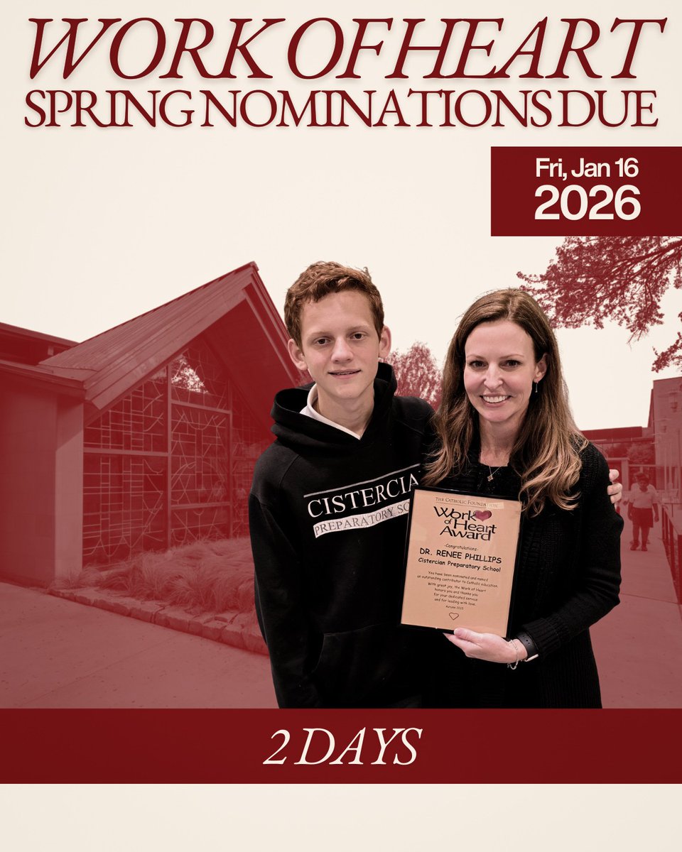Work of Heart nominations for Spring 2026 are due in 2 days! Fri., Jan 16.  

Any full-time employee at a Dallas-area Catholic school that you believe deserves recognition can be nominated!  

Work of Heart details and English or Spanish nomination forms: catholicfoundation.com/community-impa…