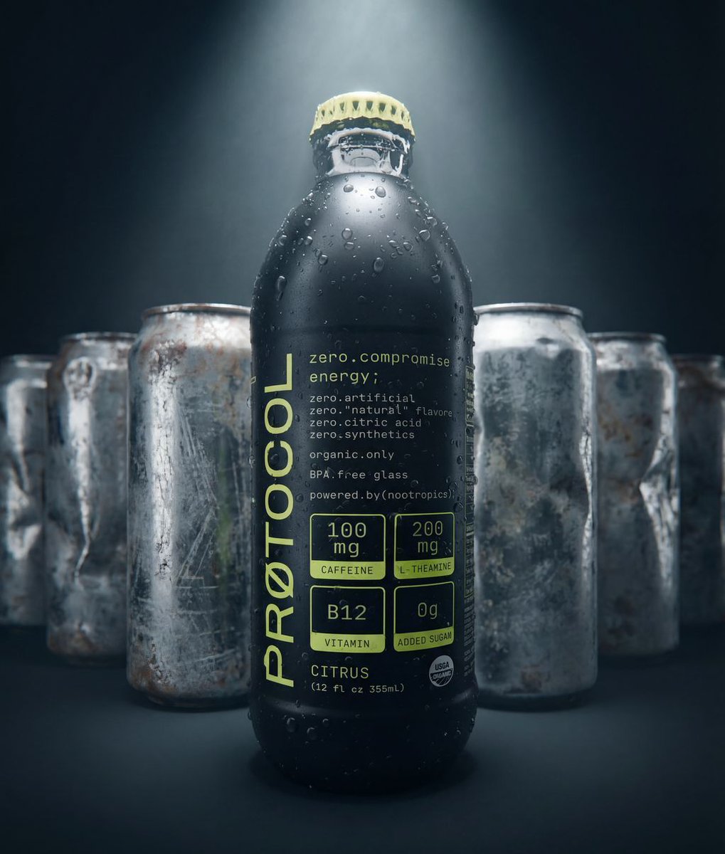 ProtocolEnergy's tweet image. We put the organic energy drink in glass because plastic-lined aluminum was never the answer. Coming Q1 2026.