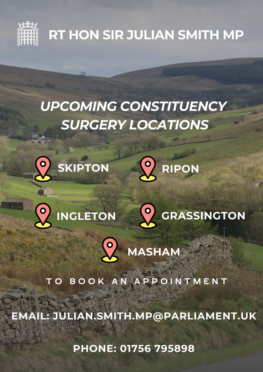 JulianSmithUK's tweet image. Over the coming period, I will be holding constituency surgeries in Skipton, Ripon, Ingleton, Grassington &amp;amp; Masham.

Book an appointment via:

📧 julian.smith.mp@parliament.uk
📞 01756 795898

#Skipton #Ripon #Grassington #Masham #Ingleton #NorthYorkshire