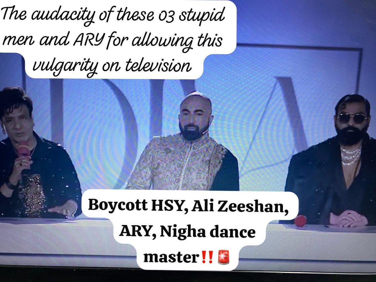 MahaamKhan2026's tweet photo. How dare these lewd men were allowed to sit on television and judge women dancing in front of them dolled up in their own designed dresses; fragmentising, dehumanising …. Red light areas on stage poorly smothering and squelching the definition of “woman” is not at all acceptable https://t.co/bbHuQTJTxG