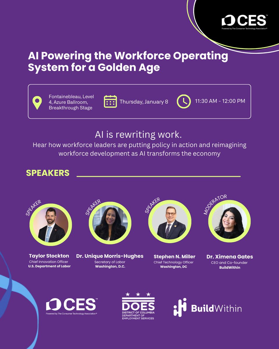 Ximenatech's tweet image. Workforce has surfaced in nearly every conversation at CES. I am pleased to moderate a panel today with the U.S. Department of Labor’s Chief Innovation Officer, the Washington, DC Secretary of Labor, and the DC Chief Technology Officer on how workforce systems are evolving in the…