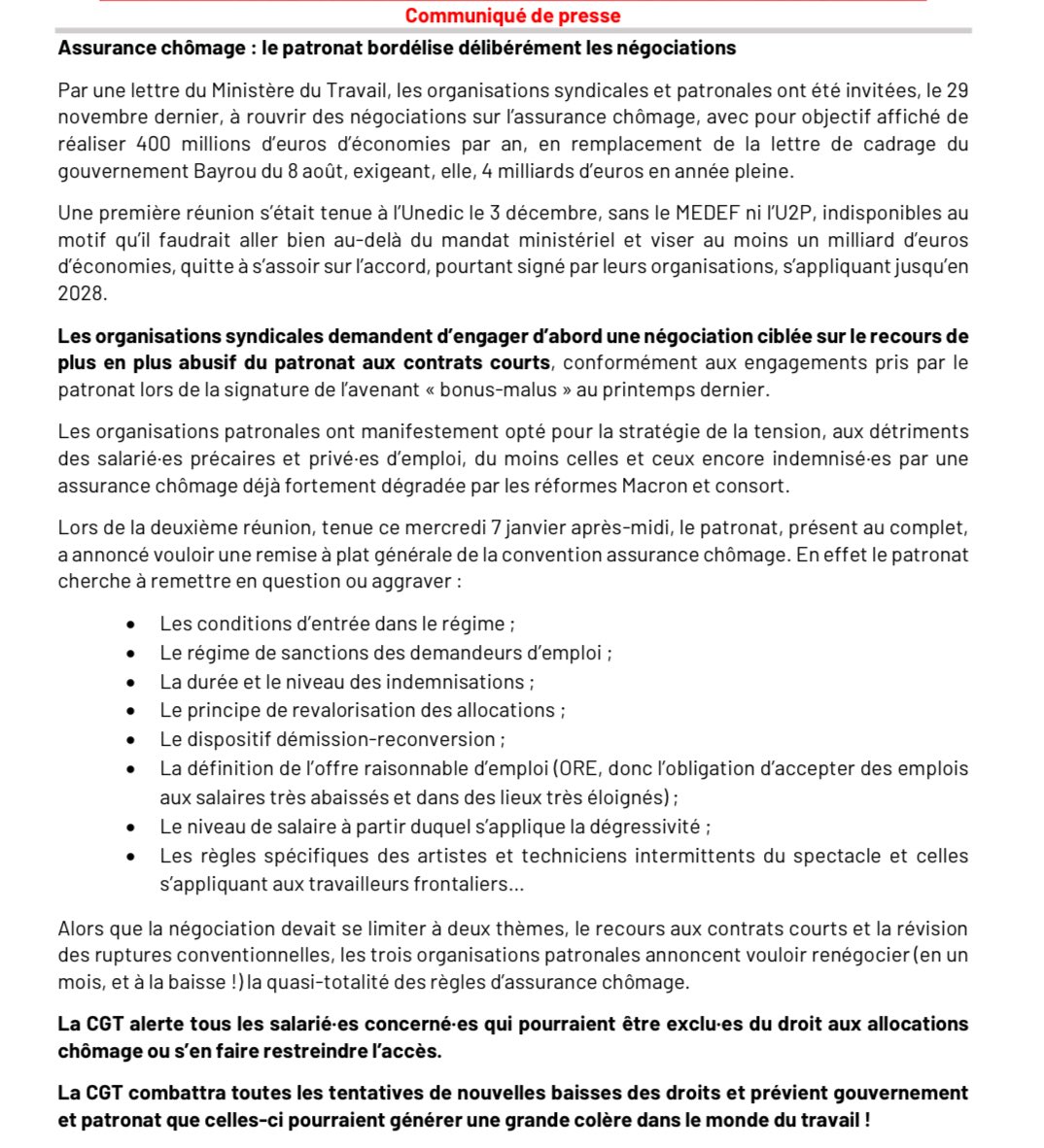 Assurance chômage : le patronat bordélise délibérément les négociations

Le communiqué CGT ⬇️
cgt.fr/comm-de-presse…