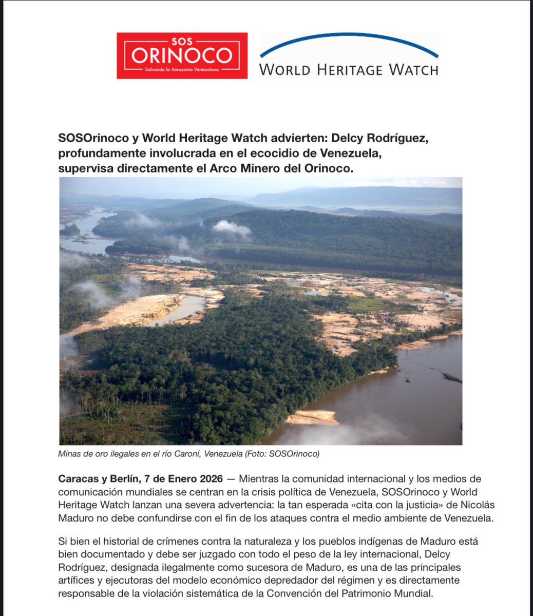 🆘 Más de 1500 ha. de Canaima han sido devastadas por la minería ilegal y el mercurio. Delcy Rodríguez ha bloqueado personalmente la inspección de la UNESCO desde 2022. ¡La justicia para Venezuela debe incluir la justicia ambiental! 🌎 #SOSOrinoco #UNESCO

English: 🆘 Over 1,500