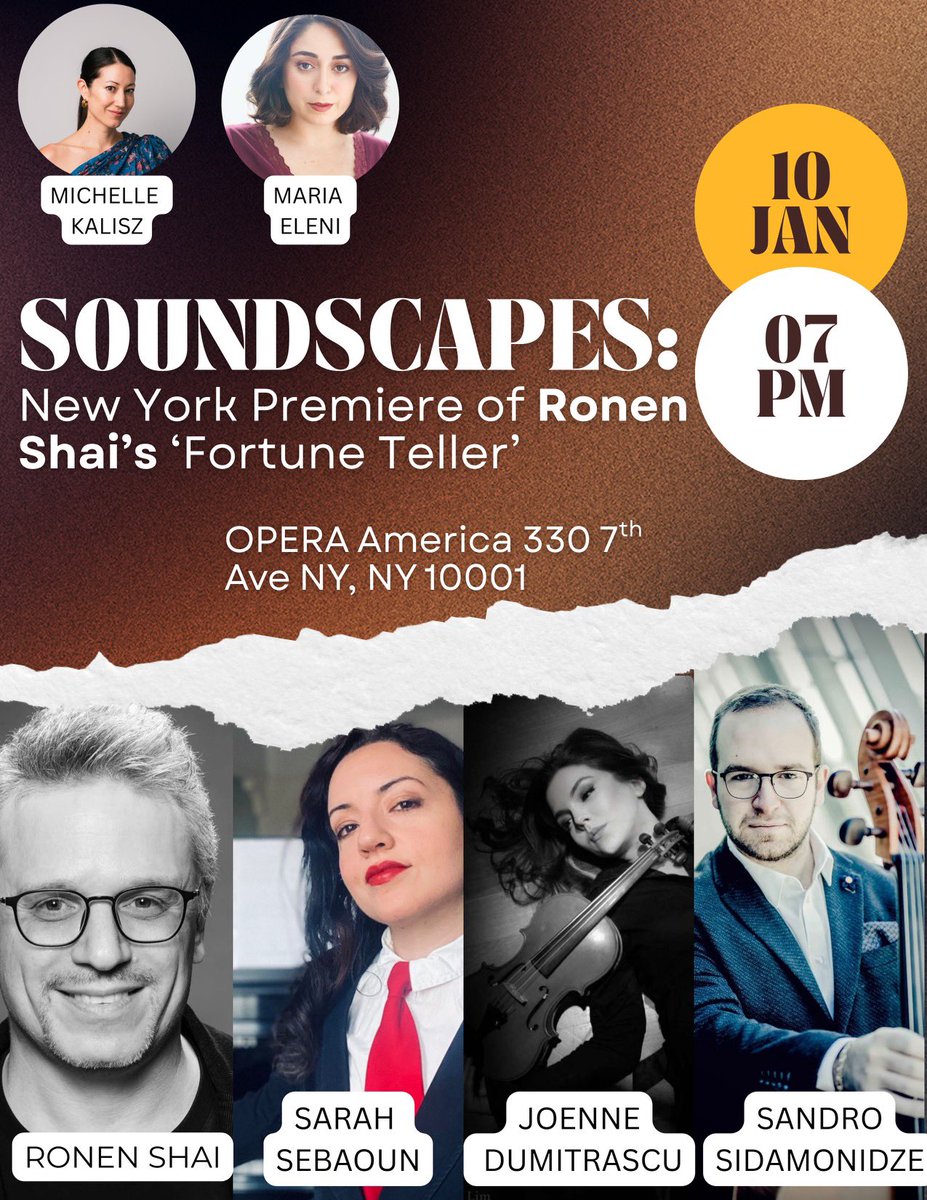 First concert of 2026 coming up this Saturday (1/10)🎶 Excited to co-produce this event at OPERA America’s National Opera Center (in the intimate Rehearsal Hall), featuring the New York premiere of Ronen Shai’s Piano Trio ‘Fortune Teller.’ 
Event info/program/bios &amp; ticket link: