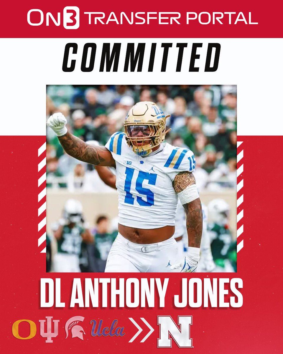 TransferPortal's tweet image. BREAKING: UCLA transfer DL Anthony Jones has committed to Nebraska🌽

on3.com/transfer-porta…