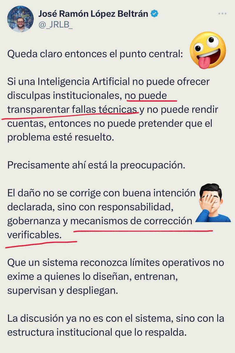 Se debe entender que la Inteligencia Artificial NO funciona con reglas públicas simples, son procesos de entrenamiento, refinamiento y equipos de supervisión (red teaming). 

Exigir “ver el algoritmo” revela desconocimiento técnico e ignorancia computacional.👨🏻‍💻