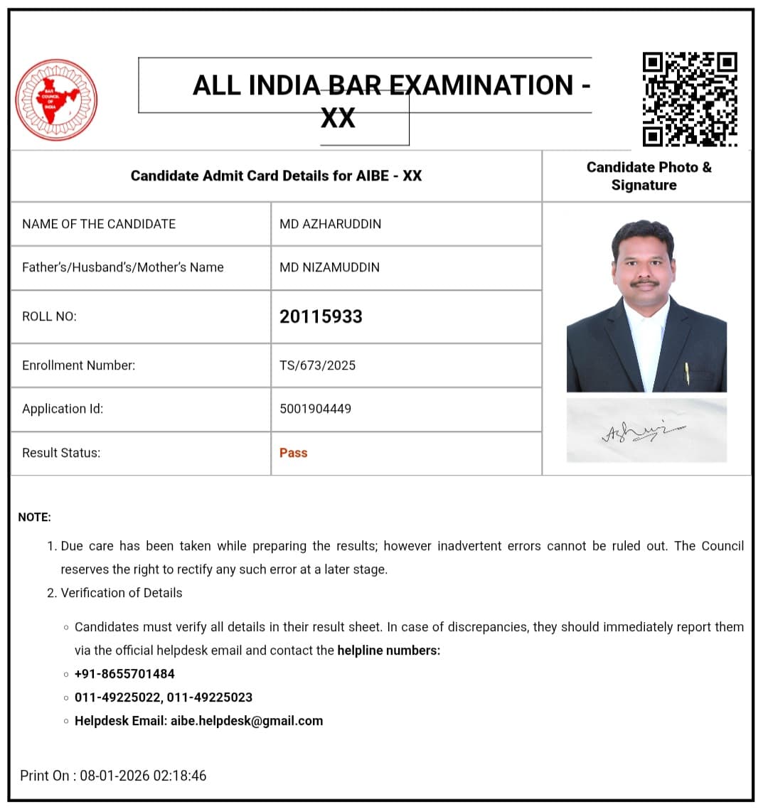 azharuddin1818's tweet photo. AIBE 20 – Cleared in 1st Attempt 
By the grace of Almighty ALLAH &amp; with the blessings of  my parents, teachers, mentors &amp; friends I have successfully passed All India Bar Examination-20 in my first attempt.🧿
Now eligible to practice law all over India ⚖️🇮🇳
Grateful beyond words https://t.co/IbU4zh2UPc