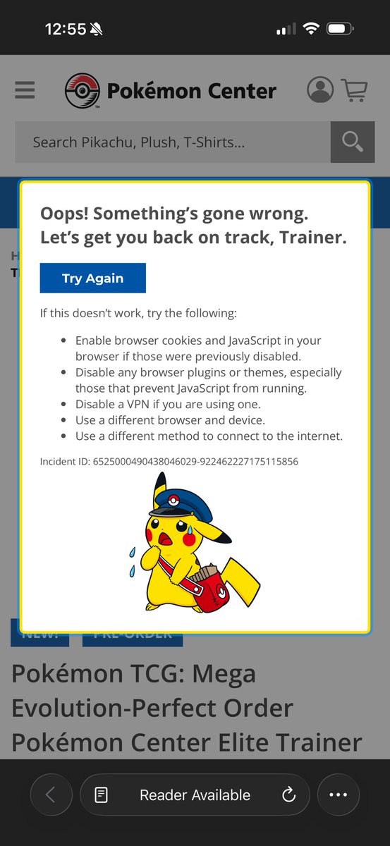 Popovich9's tweet photo. @PokemonRestocks Wow… what a waste of my time… every time I try I get this message and then blocked… https://t.co/1zivCf6ZD5