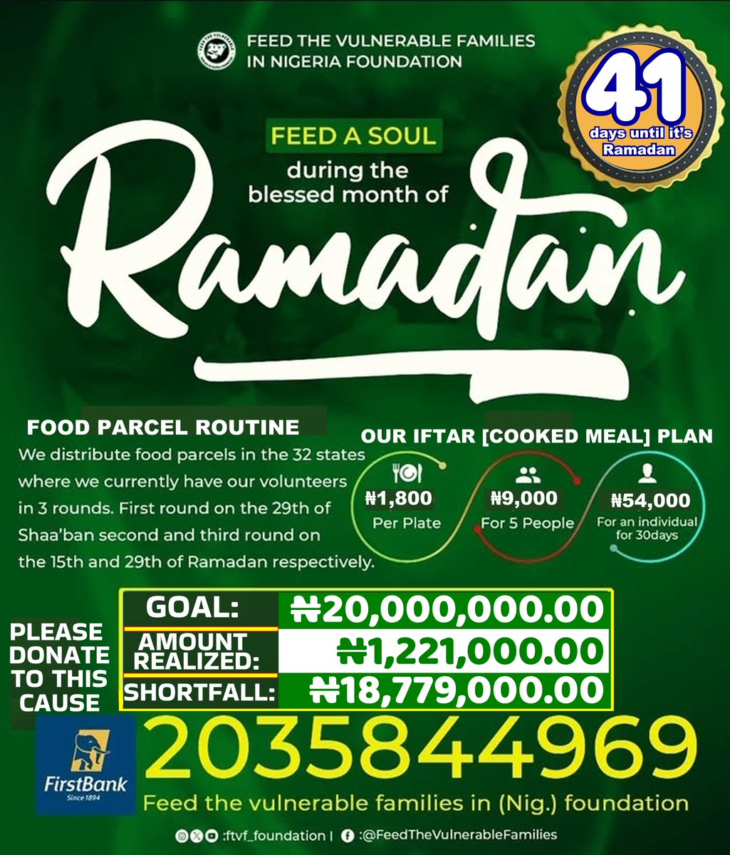 FTVFFoundation's tweet photo. If you are a muslim and this post pops up on your timeline. We beseech you to for Allah [swt's] sake donate generously to this noble cause

If you are unable to donate at this time, kindly help click the repost button

2035844969
First Bank

Donation Link: https://t.co/09aSg8pLqG https://t.co/ykf0MR7O5I
