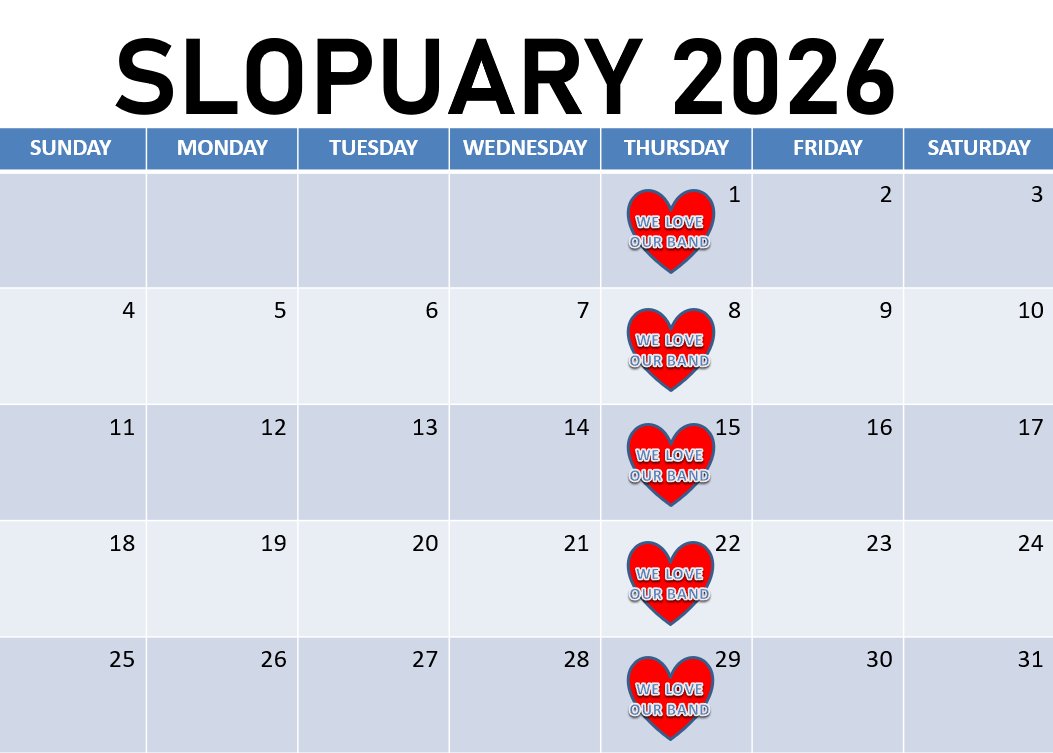 It's time for another <a href="/TheSloppyBoys/">The Sloppy Boys 📀</a> Band Thursday! Today is the second Band Thursday in Slopuary. There are only 4 of them left this month, so let's make it count!